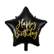 Fólia lufi, csillag alakú, fekete, Happy Birthday felirattal
