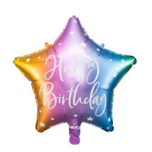 Fólia lufi, csillag alakú szivárvány, Happy Birthday felirattal