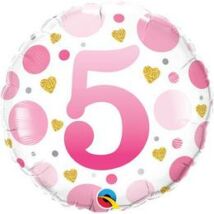 18 inch-es 5-ös Számos Pöttyös Rózsaszín Age 5 Pink Dots Fólia Lufi