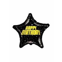 18 inch-es Happy Birthday fekete-arany csillag fólia lufi 