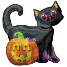  Black Cat &amp; Pumpkin Holografikus Super Shape Fólia Lufi Halloween-ra