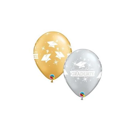 11 inch-es Diplomaosztó Kalap Mintás Silver &amp; Gold - Ezüst &amp; Arany Ballagási Lufi