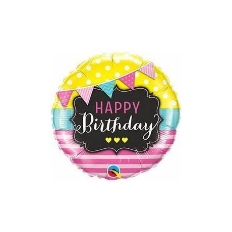 18 inch-es Birthday Pennants and Pink Stripes Születésnapi Fólia Léggömb