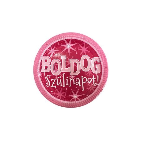 Boldog Szülinapot Rózsaszín Parti Tányér, 23 cm-es, 6 db-os
