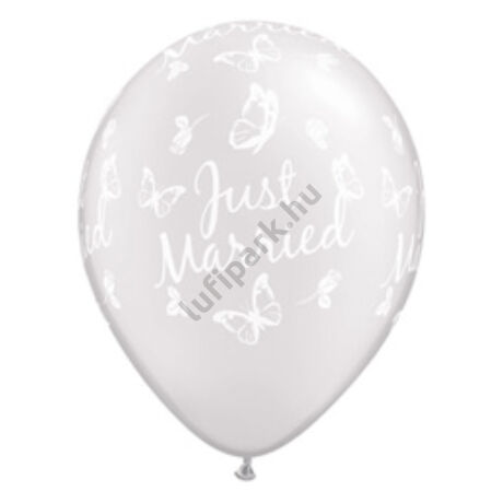 11 inch-es Just Married Butterflies Pearl White Esküvői Léggömb