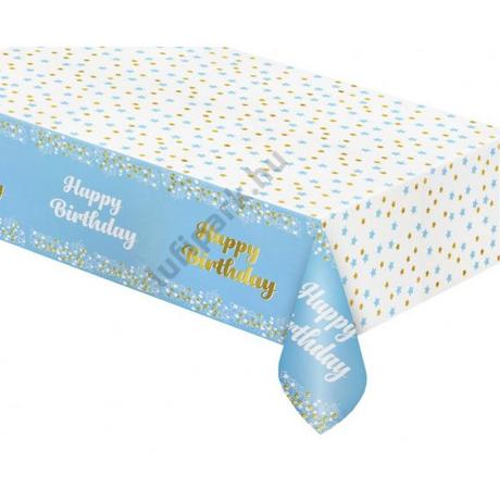 kék fehér asztalterítő happy birhtday felirattal