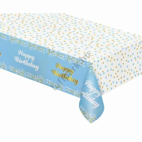 kék fehér asztalterítő happy birhtday felirattal