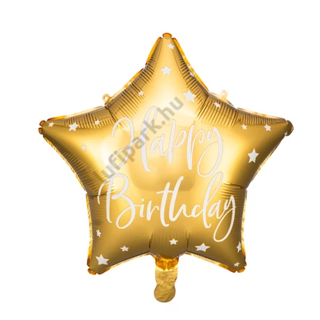 Fólia lufi, csillag alakú, arany, Happy Birthday felirattal