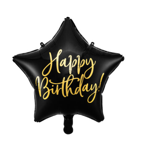 Fólia lufi, csillag alakú, fekete, Happy Birthday felirattal