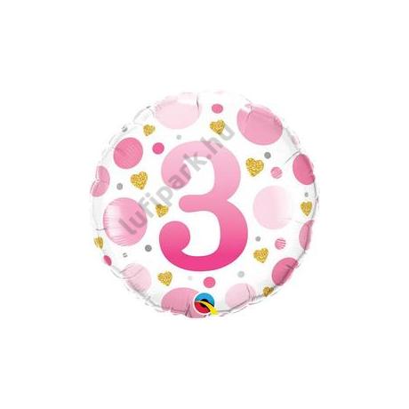18 inch-es 3-as Számos Pöttyös Rózsaszín Age 3 Pink Dots Fólia Lufi