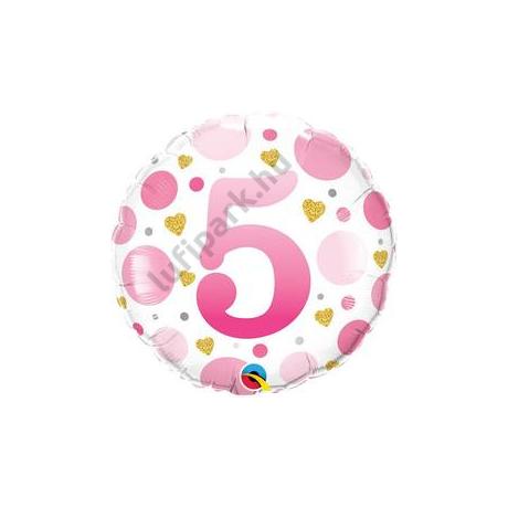 18 inch-es 5-ös Számos Pöttyös Rózsaszín Age 5 Pink Dots Fólia Lufi