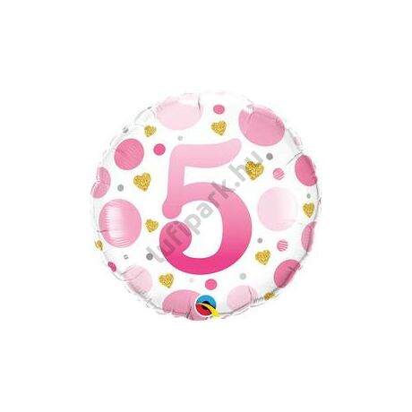 18 inch-es 5-ös Számos Pöttyös Rózsaszín Age 5 Pink Dots Fólia Lufi