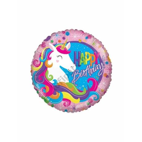 18 inch-es Happy Bithday Unikornisos pink fólia lufi