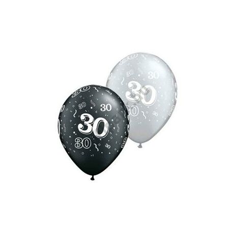 11 inch-es 30-as printelt Black/Metallic Silver Szülinapi Számos Lufi