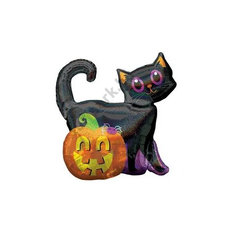  Black Cat &amp; Pumpkin Holografikus Super Shape Fólia Lufi Halloween-ra