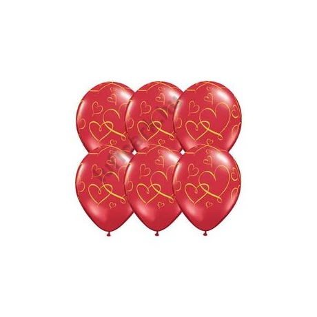 11 inch-es Romantic Heart - Arany Szíves Mintás Ruby Red Lufi