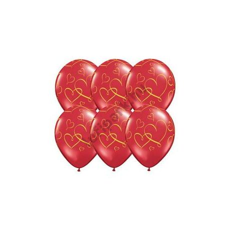 11 inch-es Romantic Heart - Arany Szíves Mintás Ruby Red Lufi