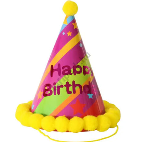 Bogyós parti kalap, happy birthday, ferde csíkos, sárga bogyókkal