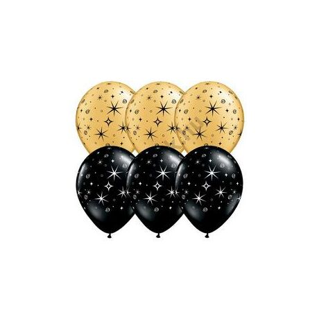 11 inch-es Sparkles &amp; Swirls Black/Gold Szilveszteri Léggömb 